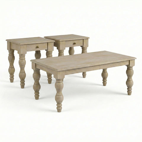 French Country Side Table with Drawer, Natural-Rustic White