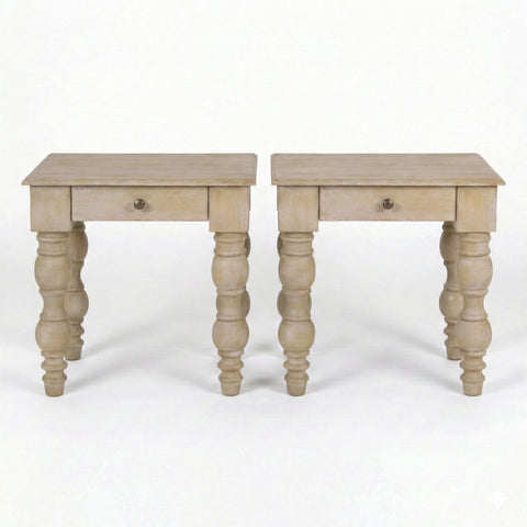 French Country Side Table with Drawer, Natural-Rustic White