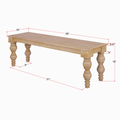 French Country 58" Bench, Natural-Rustic White