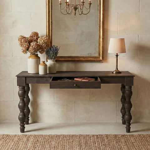 French Country Console Table with Drawer, Coffee Brown