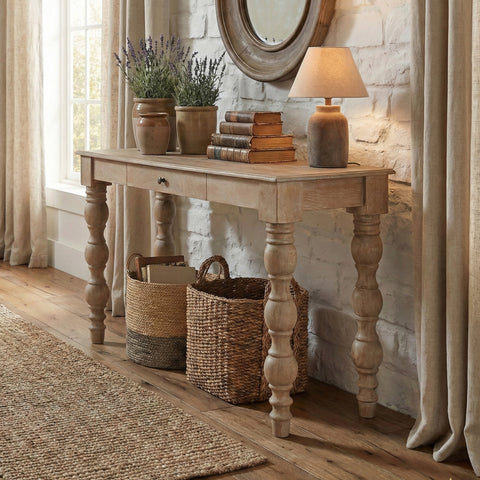French Country Console Table with Drawer, Natural-Rustic White