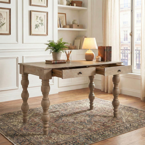 French Country Desk with 2 Drawers, Natural- Rustic White