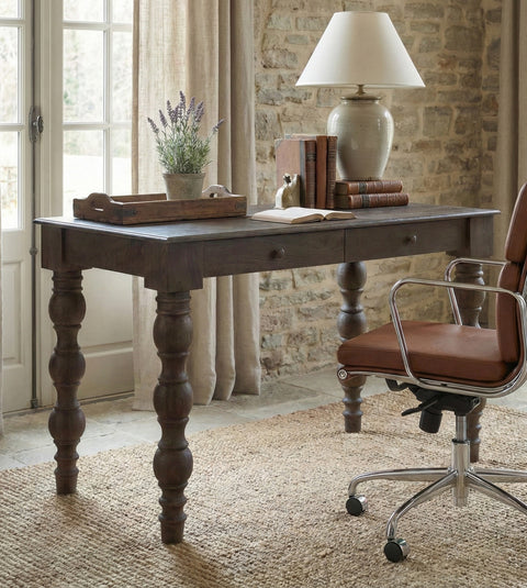 French Country Writing Desk with Drawers, Coffee Brown