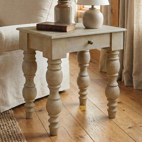 French Country Side Table with Drawer, Natural-Rustic White