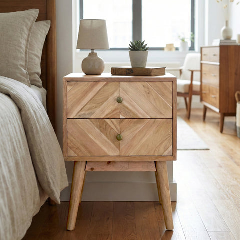 Geometric Mid-Century Modern Nightstand, Natural