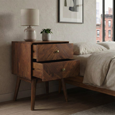 Geometric Mid-Century Modern Nightstand, Acacia Standard