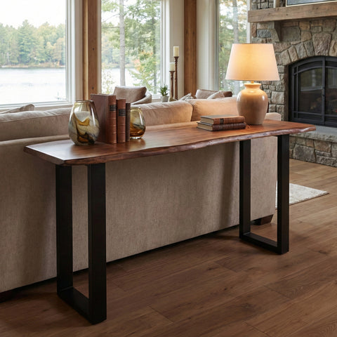 Live Edge Acacia 70" Console Table with Black Iron Legs, Acacia Standard