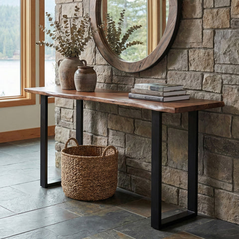 Live Edge Acacia 70" Console Table with Black Iron Legs, Acacia Standard