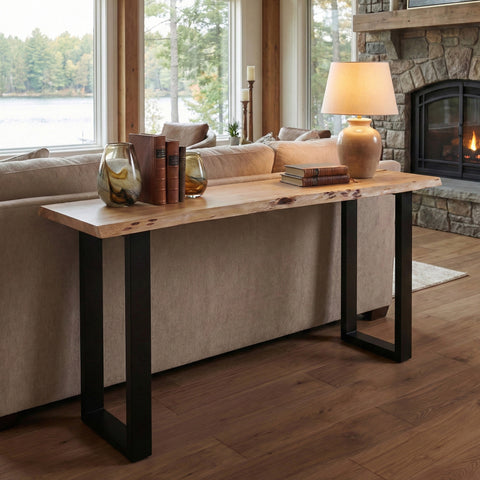 Live Edge Acacia 70"W Console Table with Black Iron Legs, Natural