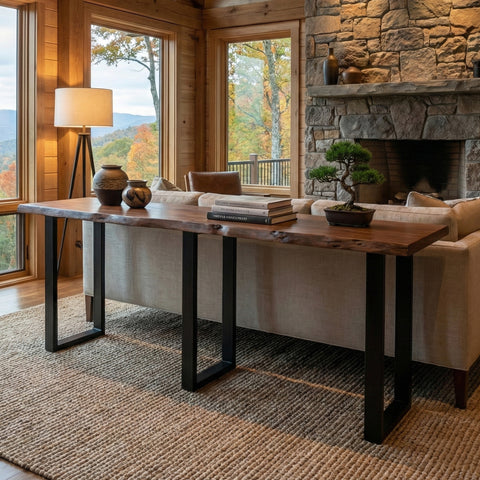 Live Edge Acacia 90" Console Table with Black Iron Legs, Acacia Standard