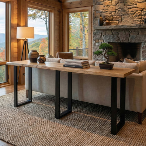 Live Edge Acacia 90"W Console Table with Black Iron Legs, Natural