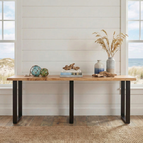 Live Edge Acacia 90"W Console Table with Black Iron Legs, Natural