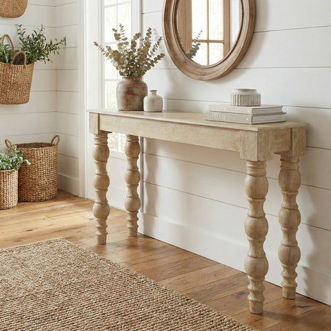 French Country Console Table, Natural-Rustic White