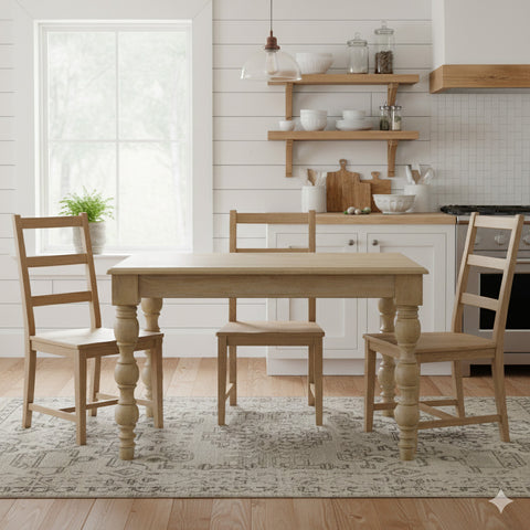 Wooden dining set with chairs in a kitchen setting