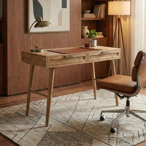 Atlas Cane Mid-Century Desk with Built-in Power, Wheatfield