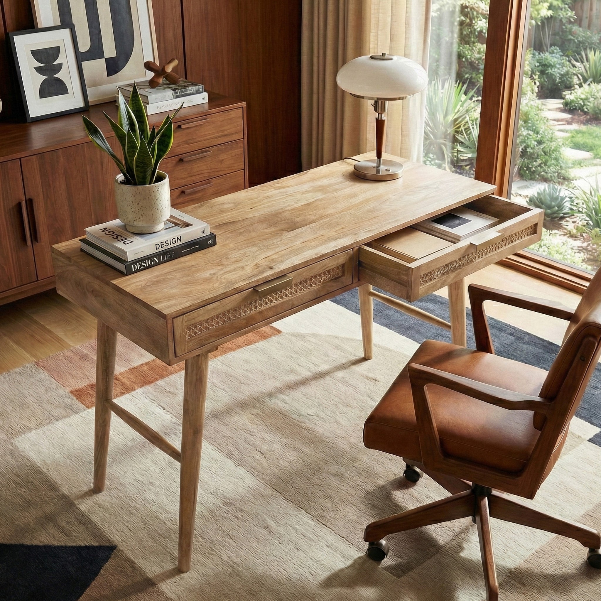 Atlas Cane Mid-Century Desk with Built-in Power, Wheatfield