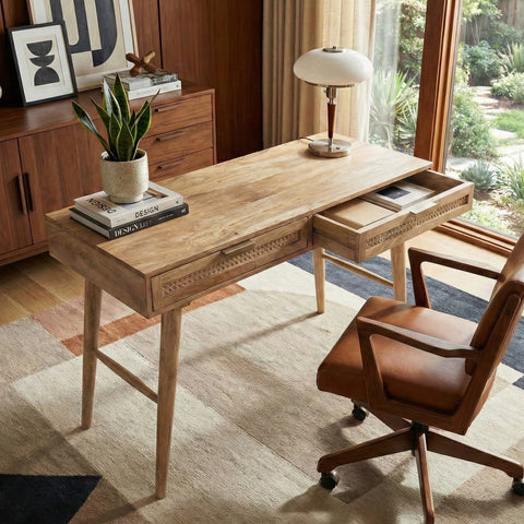 Atlas Cane Mid-Century Desk with Built-in Power, Wheatfield