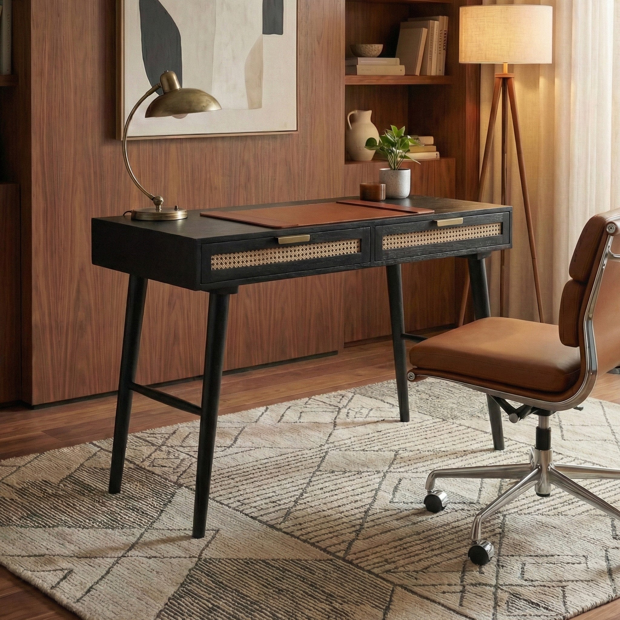 Atlas Cane Mid-Century Desk with Built-in Power, Black – Casartis Living
