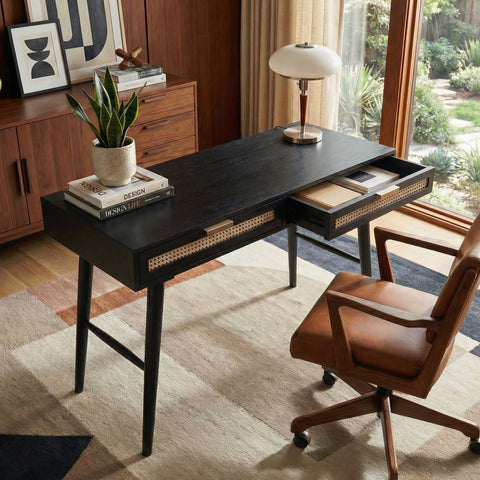 Atlas Cane Mid-Century Desk with Built-in Power, Black