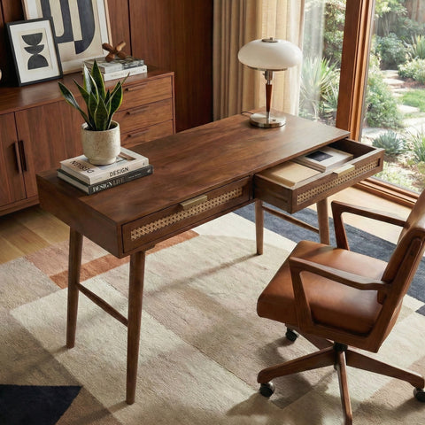 Atlas Cane Mid-Century Desk with Built-in Power, Walnut