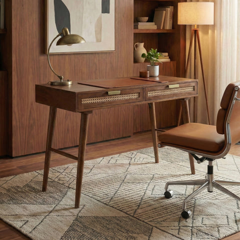 Atlas Cane Mid-Century Desk with Built-in Power, Walnut